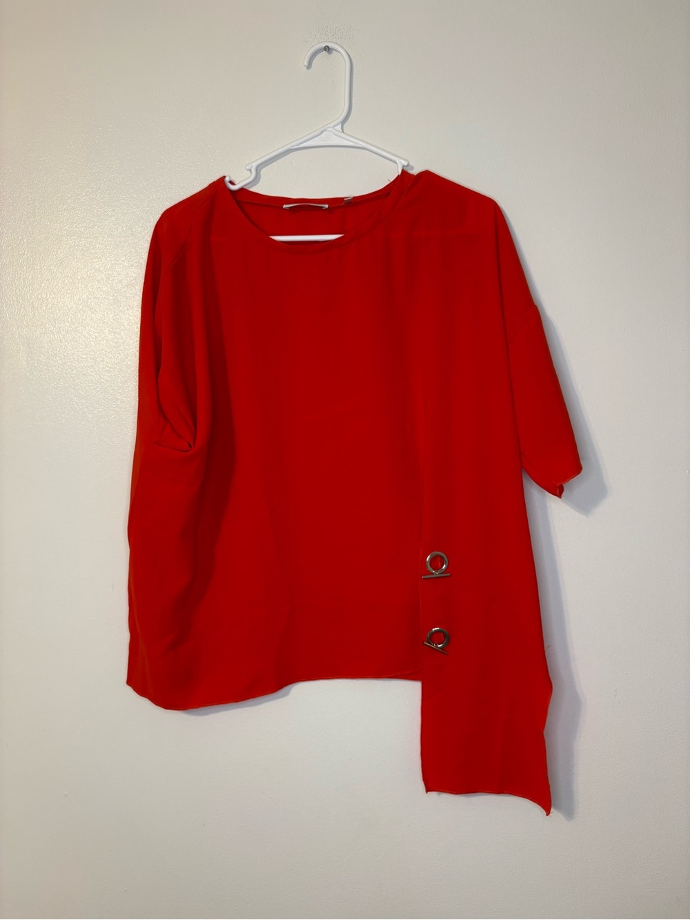 Patrizia Luca Red Asymmetric Short Sleeve Tunic with Ring Accents